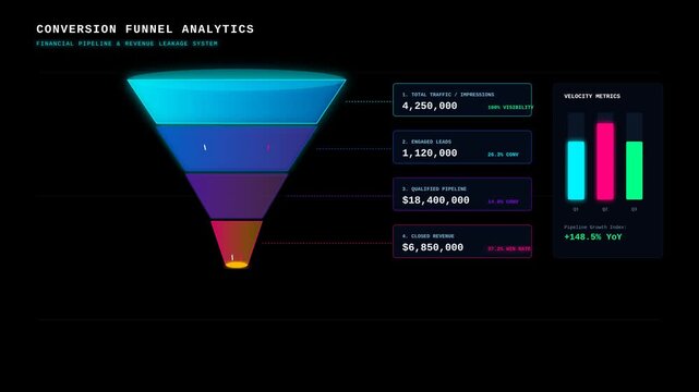 Digital dashboard showing a four-stage conversion funnel with financial KPIs, including traffic, leads, qualified pipeline, and revenue metrics on a dark cybernetic UI.