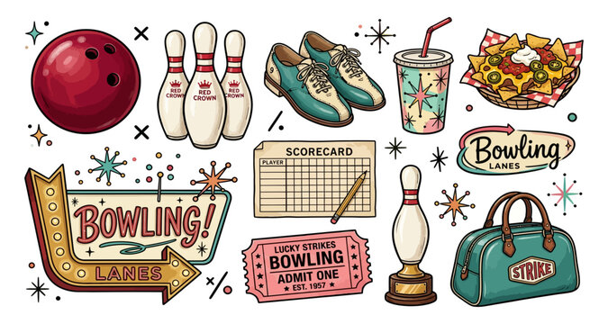 Vintage bowling set with ball pins shoes retro signs scorecard nachos cup and bag in classic mid century pop art style vector illustration scorecard entertainment recreation illustration elements