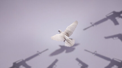 Fototapeta premium White dove surrounded by shadows of firearms symbolizing contrast between peace and violence. Minimal concept of fragile peace, conflict, danger, weapons, and war threat. Copy space.