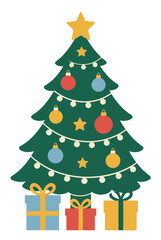 Naklejka premium Minimalist Christmas Tree with Ornaments and Gifts