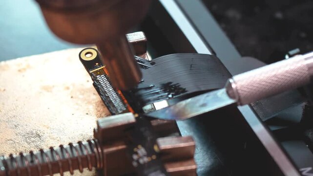 Close-up of technician soldering video connector during precise laptop motherboard repair
