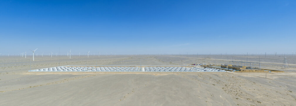 Panoramic Aerial View of Energy Storage Station and Wind Farm in Gobi Desert