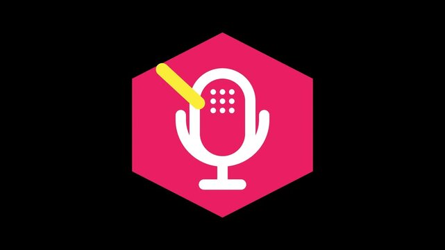 Animated Microphone Mute Icon in Pink Hexagon Shape for Podcast and Audio Recording Interface on Black Background