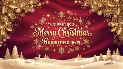 Obraz premium Golden merry christmas and happy new year greeting on red silk