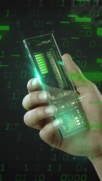 Animation of data processing over hands with digital screens