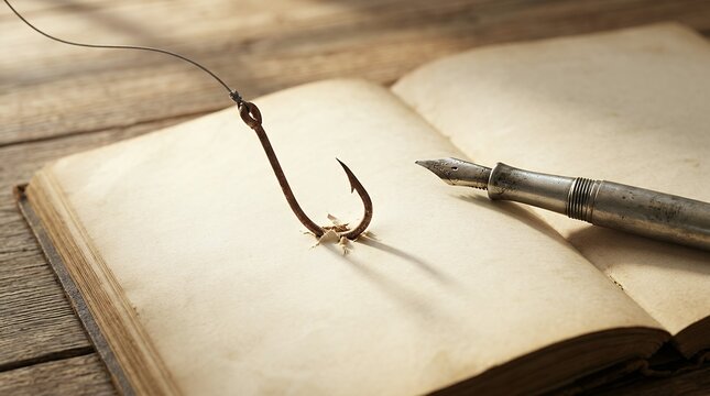 Rusty Fish Hook Piercing an Antique Open Book with Vintage Fountain Pen as Metaphor for Storytelling
