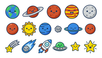 Cute Planets and Space Characters Vector Icon Set Featuring Earth Sun Saturn Rocket UFO and Shooting Stars © Nishat