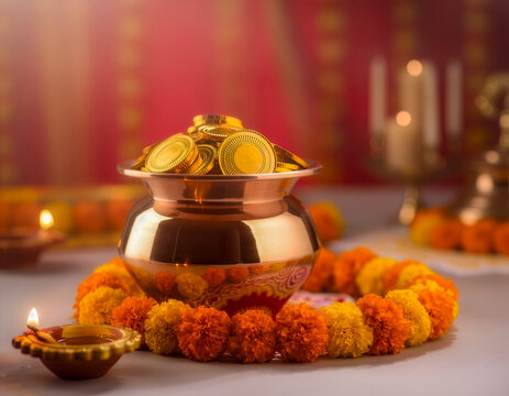 Pot full of golden coins for Indian Dhanteras
