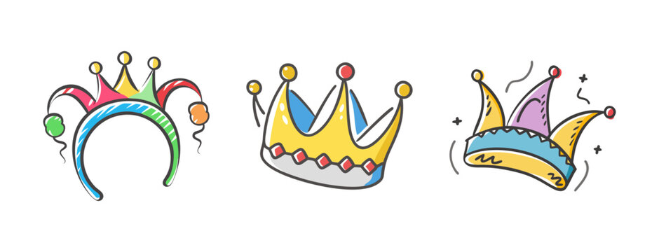Hand-drawn festive crowns and jester hats, royal and carnival headwear icons, colorful party accessories, vector illustrations