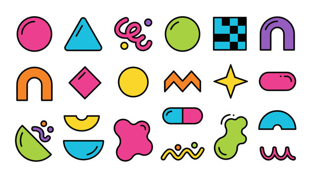 Memphis Retro Geometric Abstract Vector Icon Set Featuring Colorful Shapes Squiggles Stars and Y2K Stickers