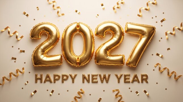 Gold 2027 balloons with happy new year text and streamers