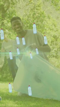 Animation of bottle icons over diverse volunteers segregating waste