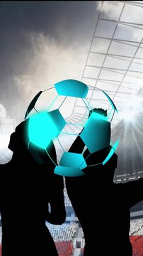 Animation of neon soccer ball over sport stadium and people silhouettes