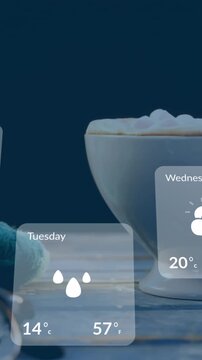Animation of weather forecast over cup of coffee and glasses