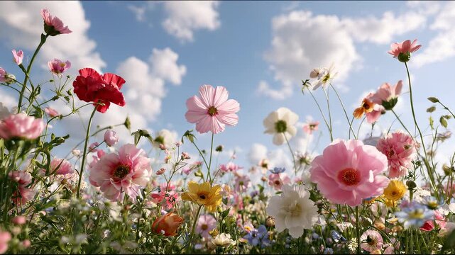 Beautiful colorful wildflower field blooming in warm sunlight with vibrant summer flowers gently moving in the breeze, peaceful natural meadow landscape