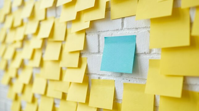 Single Blue Sticky Note Standing Out Among Many Yellow Adhesive Notes on a White Brick Wall Concept