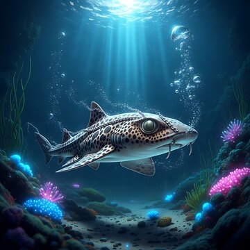 Leopard shark swimming through a glowing coral reef