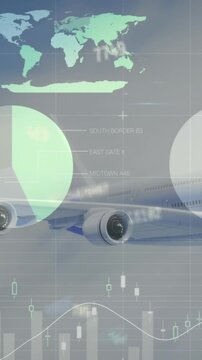 Animation of charts, world map and data processing aeroplane flying in blue cloudy sky
