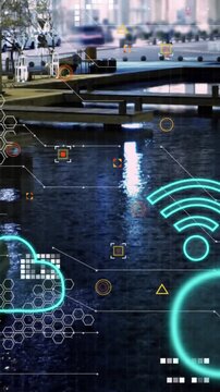 Animation of digital clouds and icons flying over cityscape