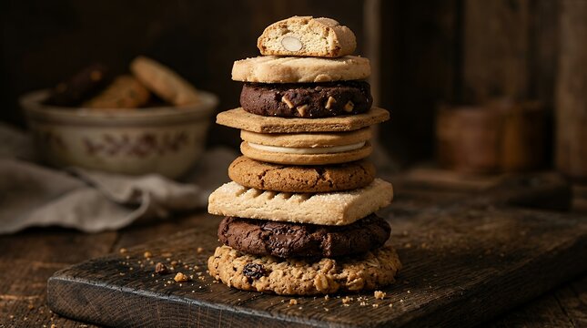 Delicious stack of assorted cookies on a rustic wooden board with soft lighting