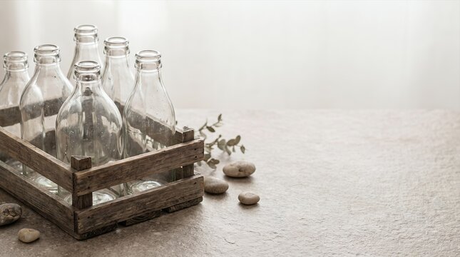 Glass Bottle Return Crate Concept on Neutral Stone