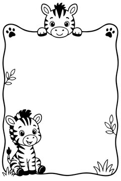 Zebra animal frame vector illustration featuring cute baby zebras and decorative foliage for kids projects