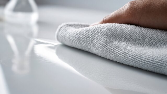 Hand Cleaning White Countertop with Microfiber Cloth