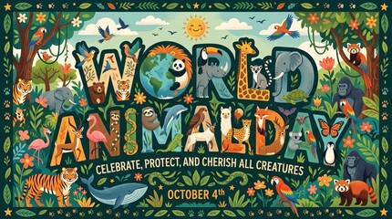 Naklejka premium Colorful poster shows diverse wildlife among tropical plants for World Animal Day on October 4. Concept animal conservation awareness for campaigns, posters and editorial use. Generative AI.