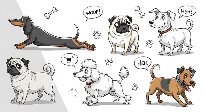 Collection of cartoon dog breeds in various poses and expressions