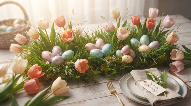 easter centerpiece with tulips and speckled eggs on moss