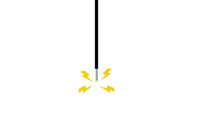 Broken wire animated hanging and sparking with electric current on 4k clean white background