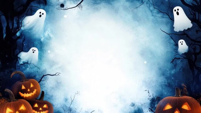 Spooky halloween background with ghosts, pumpkins, and eerie blue fog