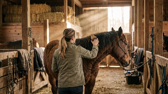 Woman brushes a brown horse inside a warm wooden stable with soft sunlight streaming through the barn. Concept horse care and animal welfare for campaigns, blogs and editorial use. Generative AI.