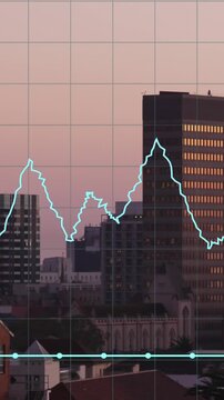 Animation of financial data processing over cityscape