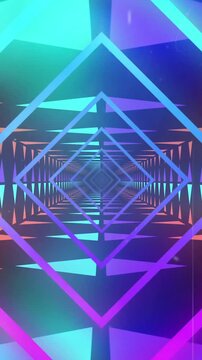 Animation of neon shapes moving over digital tunnel