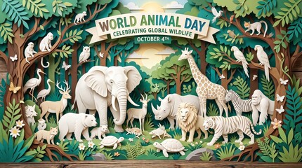 Naklejka premium Paper cut art shows diverse wild animals in a lush forest for World Animal Day. Concept wildlife conservation and biodiversity for campaigns, posters and editorial use. Generative AI.