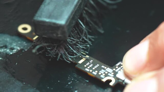 Technician cleaning circuit board connector close-up in electronics repair workshop