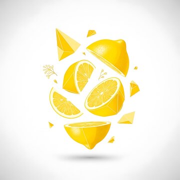 Sliced yellow lemons and geometric shapes flying on white background