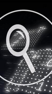 Animation of magnifying glass digital icon, binary coding and data processing