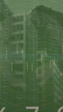 Animation of financial data processing over cityscape