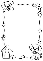 Puppy border frame illustration featuring cute dogs and playful icons for children activity coloring book pages