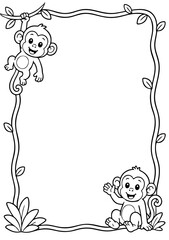 Monkey border frame illustration for kids coloring book page featuring cute jungle animals and vines