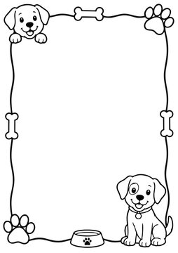 Dog border illustration featuring cute puppies bones and paw prints for children creative graphic design projects