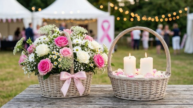 Breast cancer awareness charity event, pink floral basket and candles on wooden table, outdoor garden gala fundraiser with ribbon
