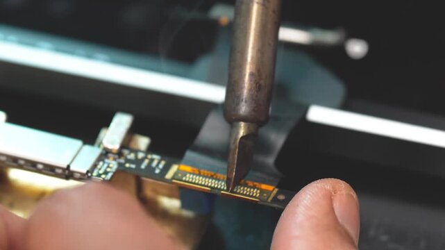Close up of technician repairing laptop video connector with precision soldering tools workbench
