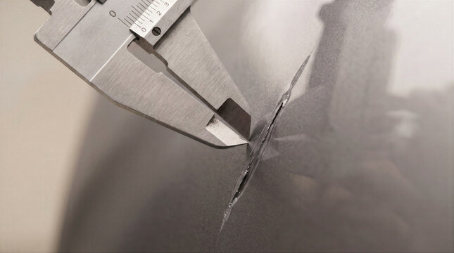 Close up of vernier caliper measuring a tear in damaged car. Precision inspection for damage assessment, repair evaluation, insurance claim and quality control documentation.