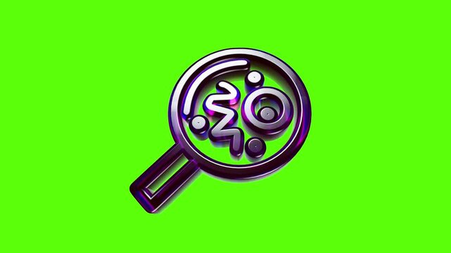 Magnifying glass icon with science symbols representing microscopic research on a bright green background