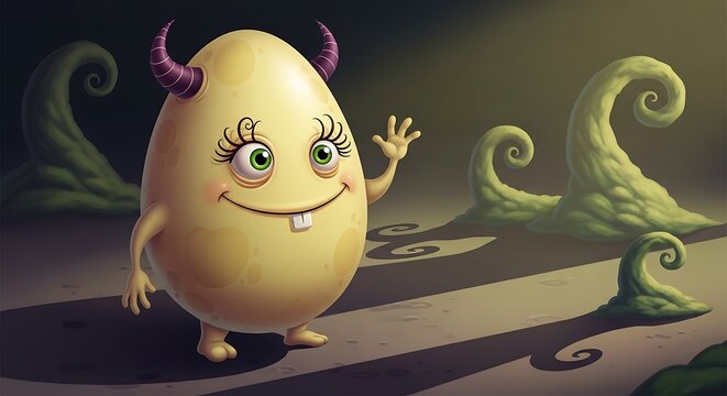 Cute egg monster character waving in a fantasy world