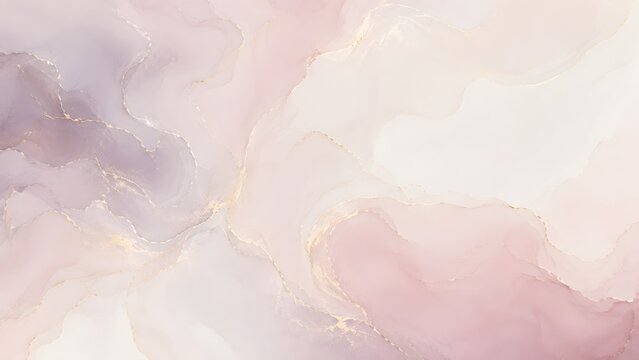 Abstract watercolor background with delicate pastel pink, purple and beige tones with golden veins, fluid art design