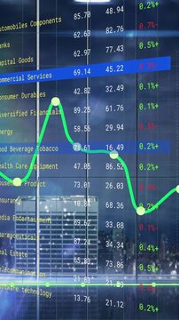 Animation of financial data processing over cityscape